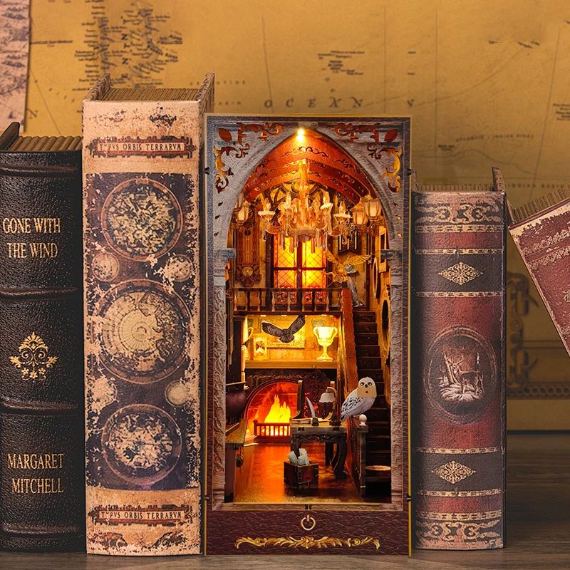 DIY Magic Academy Book Nook Kit – Wooden Miniature Bookshelf Insert & Decorative Bookend