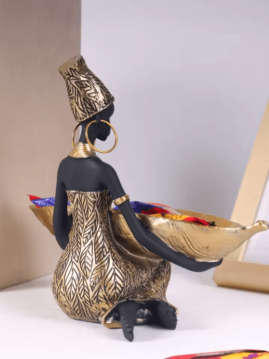 African Girl Holding a Plate Sculpture, Home and Office Decorative Storage Ornament, Vintage Collectible Craft Deskt De