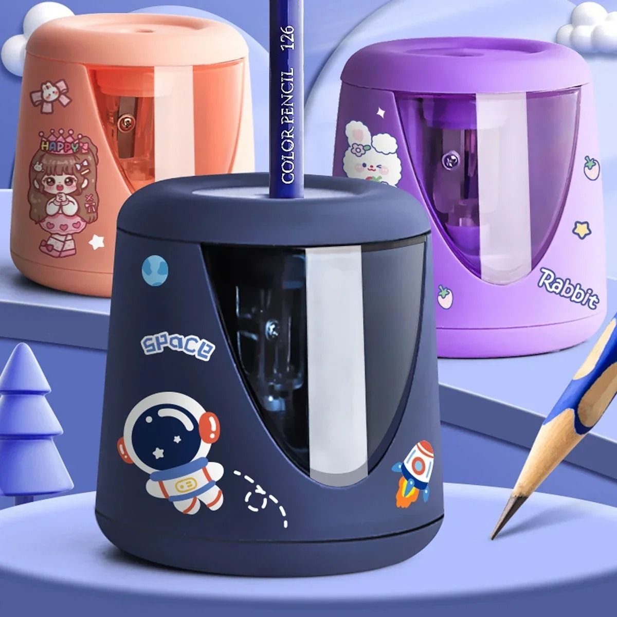 Electric Automatic Pencil Sharpener Cartoon Space Design Kids School and Office Stationery