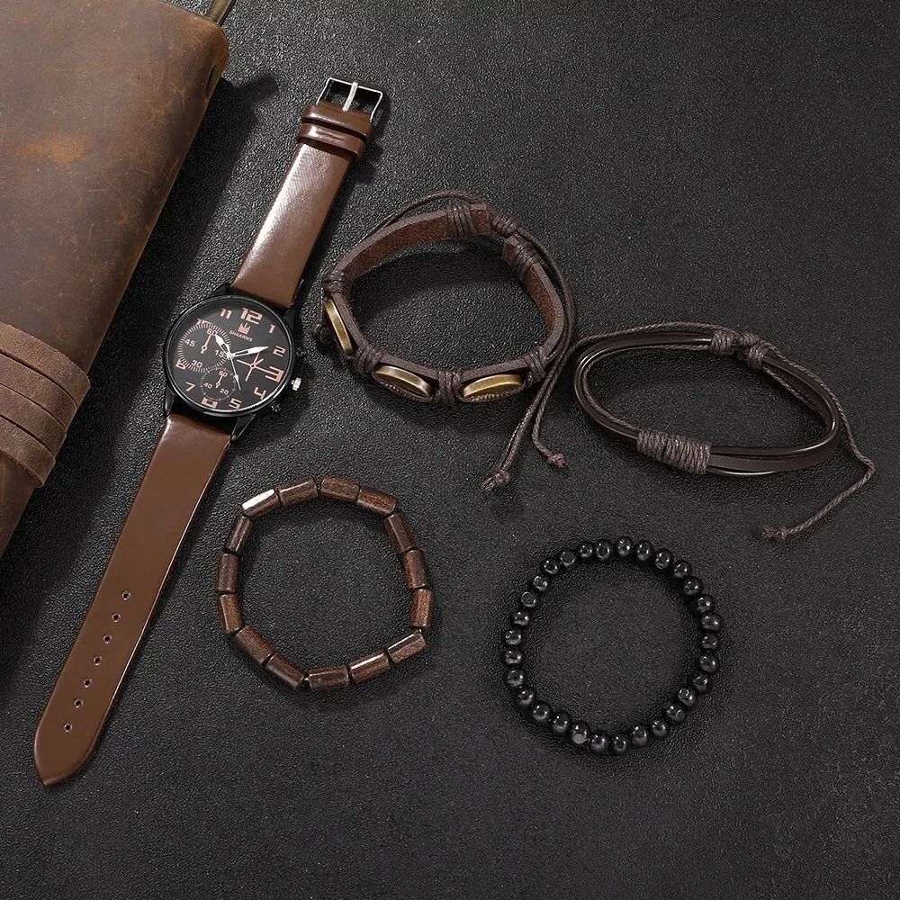 Mens Sports Bracelet Quartz Watch Set 5 Pcs