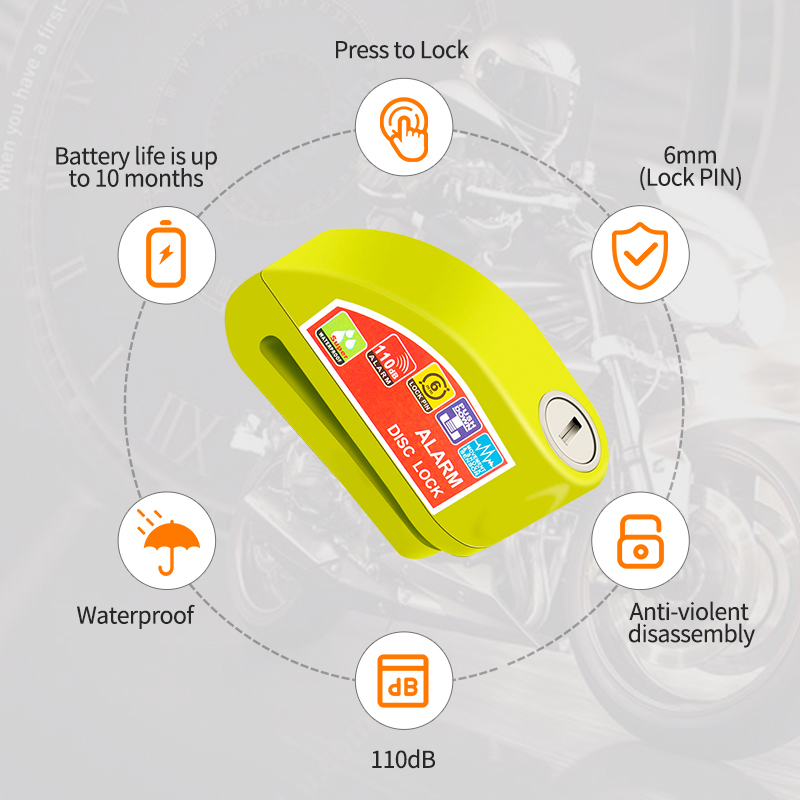 Motorcycle Bicycle Alarm Lock, Anti Theft Disc Brake Lock with 120dB Alarm, Vibration Sensor & Key Security for Bikes