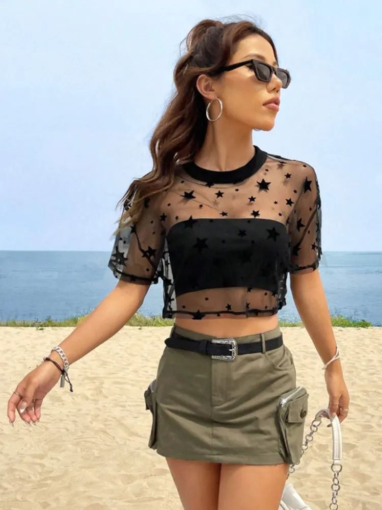 Star Print Drop Shoulder Crop Mesh Top Summer Outfits Without Camisole