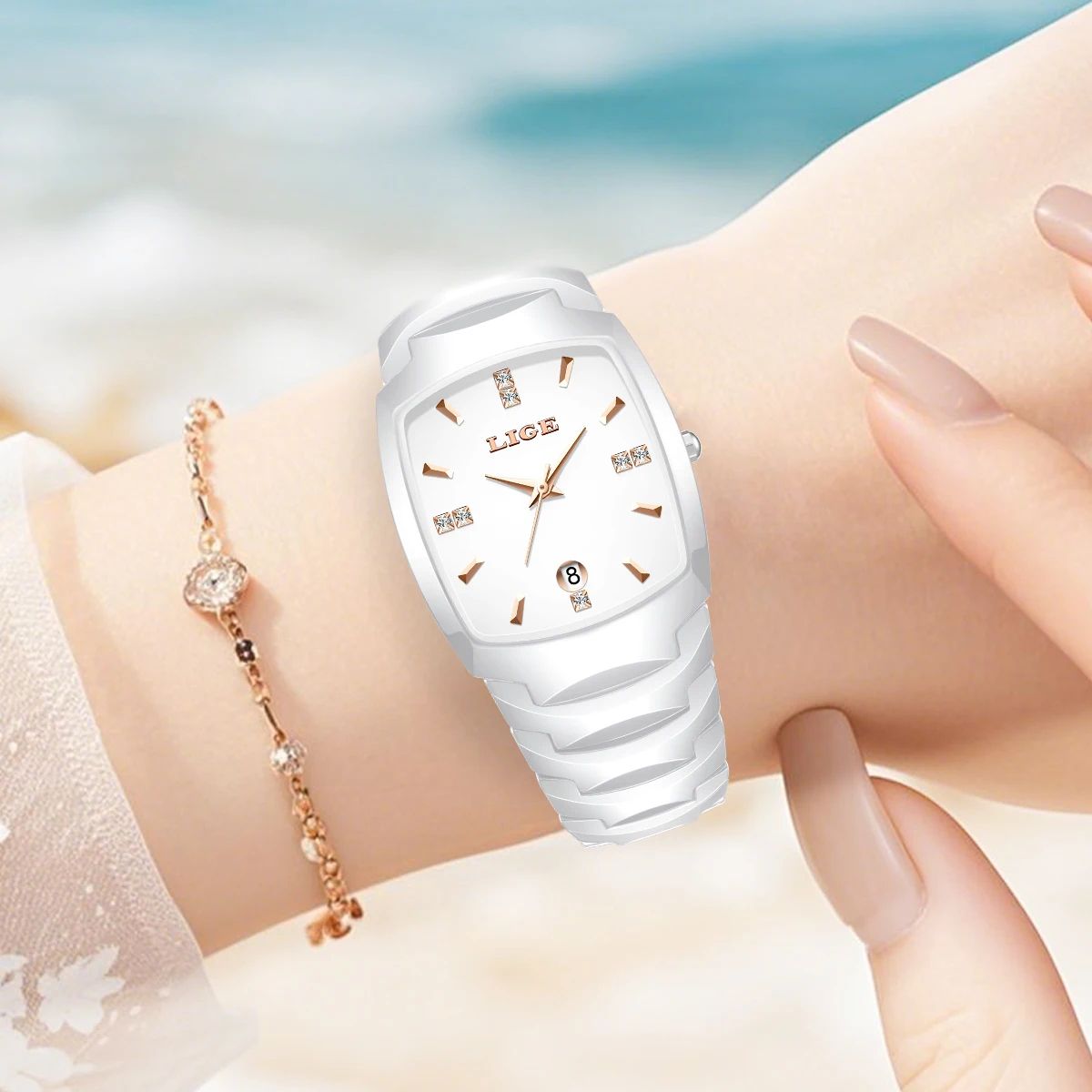 LIGE Elegant Square Women's Quartz Watch – Luxury Ceramic Stainless Calendar Ladies Wristwatch