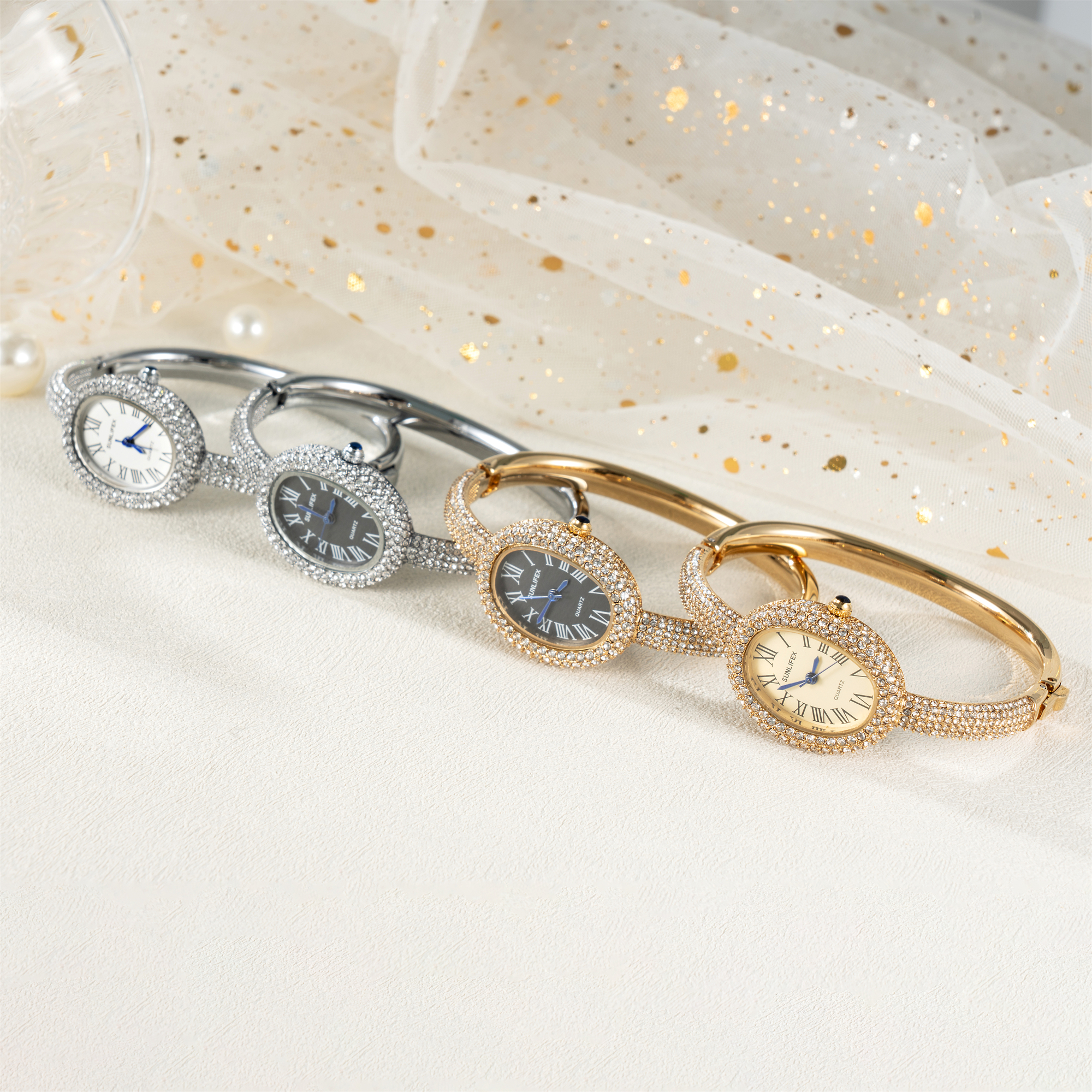 Luxury Women Quartz Watch, New Elegant Bracelet Wrist Watch with Roman Numerals, Rhinestones Inlaid Oval Design