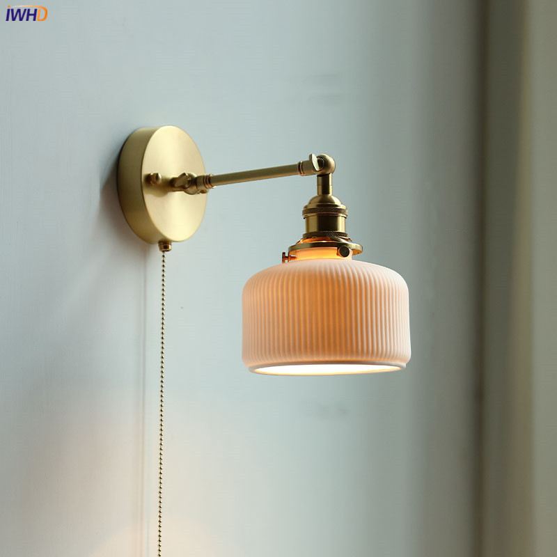 Ceramic Copper Arm Wall Lamp, Beside Pull Chain Switch for Bedroom Bathroom Stair, Japan Style Nordic Modern Wandlamp