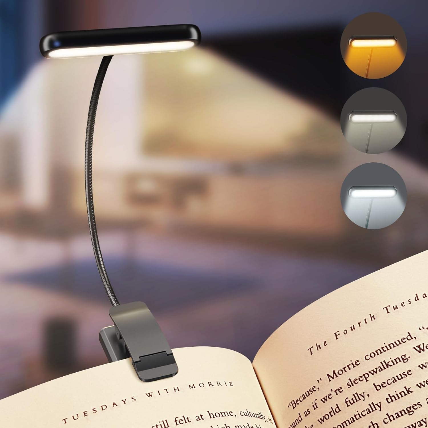 LED USB Rechargeable Book Light Portable, Flexible Clip-On Reading Lamp for Night Reading, Warm & Cool White Light