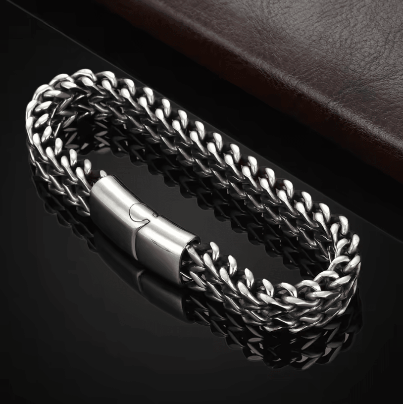 Stainless Steel Braided Bracelet – Double Row Fish Scale Magnetic Buckle Bracelet with Keel Detail (8.27-Inch Length)