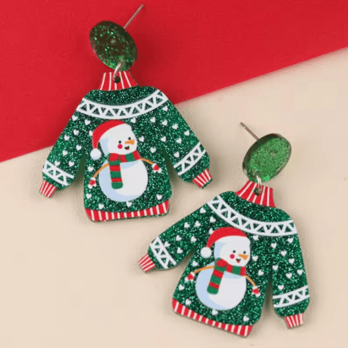 Festive Christmas Sweater Earrings Acrylic Santa and Snowflake Holiday Dangle Earrings
