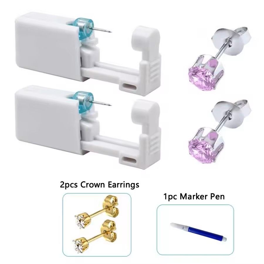 2PCS Disposable Ear Piercing Kit – Built-in Stud Guns + Bonus Cubic Zirconia Earrings | Safe & Easy Home Use Tool