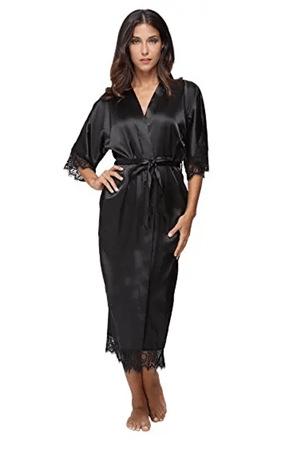 Lace Trim Satin Kimono Robe for Bridal and Nightwear