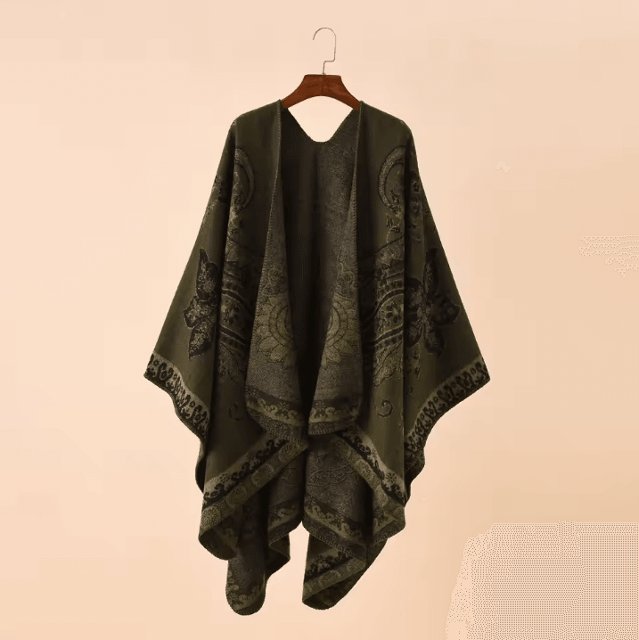 One Size Red Geometric Cashmere Poncho Cape – Warm Womens Shawl Cloak Wrap with Lattice Flower Pattern