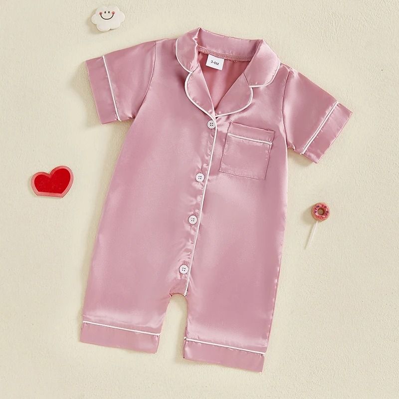 Pudcoco Baby Satin Pajama Jumpsuit | Premium Button-Up Toddler Sleepwear & Cute Short Sleeve Romper