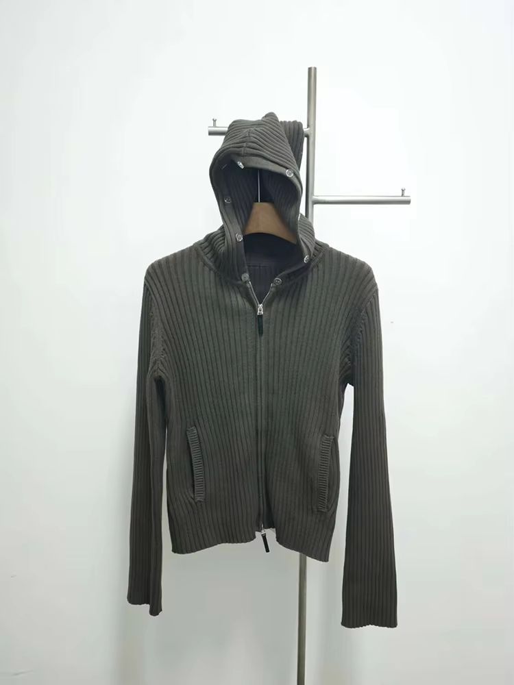 Military Green Oversized Fur Collar Jacket with Hooded Zip Knit Sweater Coat for Women