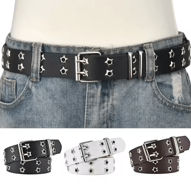 Star Rivet Goth Punk PU Leather Belt Double Pin Buckle Y2K Waistband