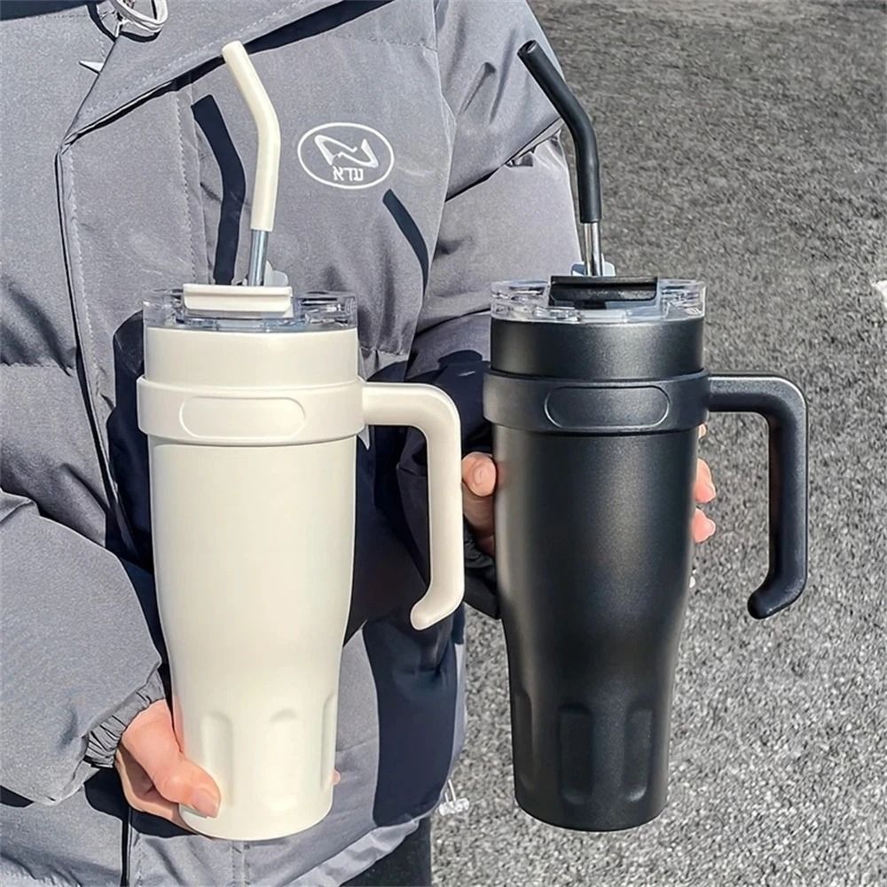38.55oz Stainless Steel Insulated Ice Tumbler With Handle and Straw High Capacity Car Insulation Coffee Cup
