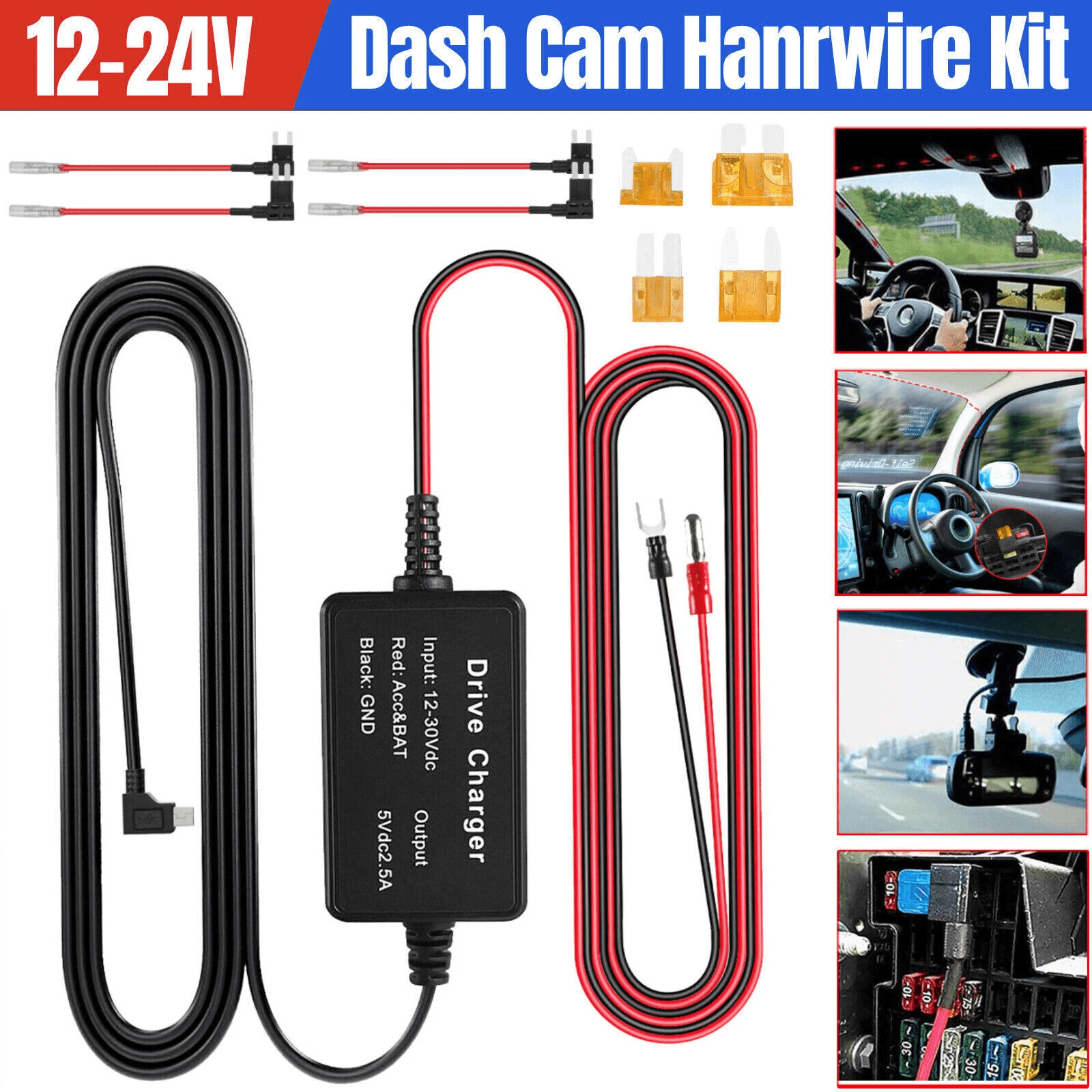 Universal Dash Cam Hardwire Kit Mini USB Cable Fuse for Car DVR Camera