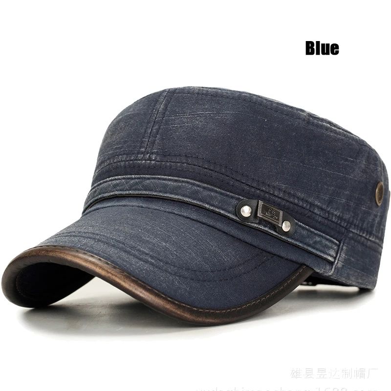 Distressed Washed Cotton Cadet Flat Cap with Leather Binding