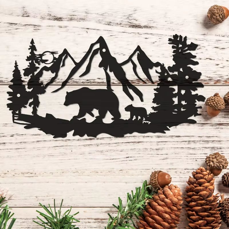 Rustic Bear Metal Wall Art Pine Tree Cabin Lodge Decor