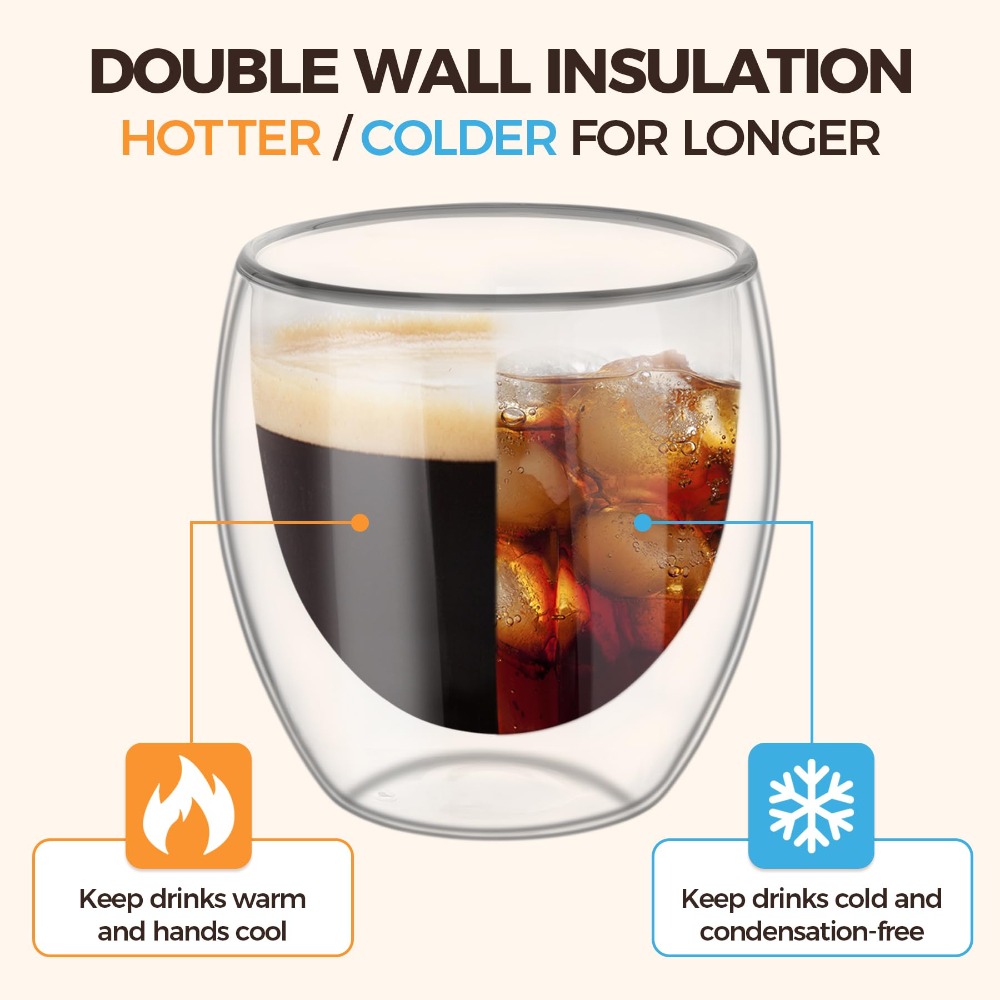 Clear Glass Double-Wall Insulated Espresso Cups Perfect for Tea Coffee Latte Milk Cafe Restaurant Use