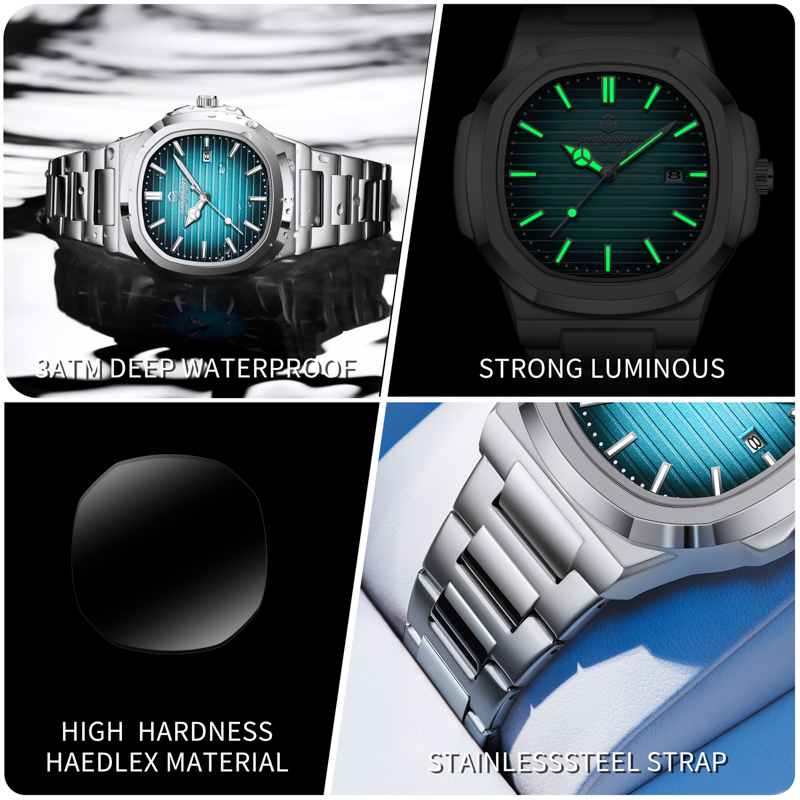 Luxury Military Square Dial Men Waterproof Quartz Watch with Luminous Date & Week