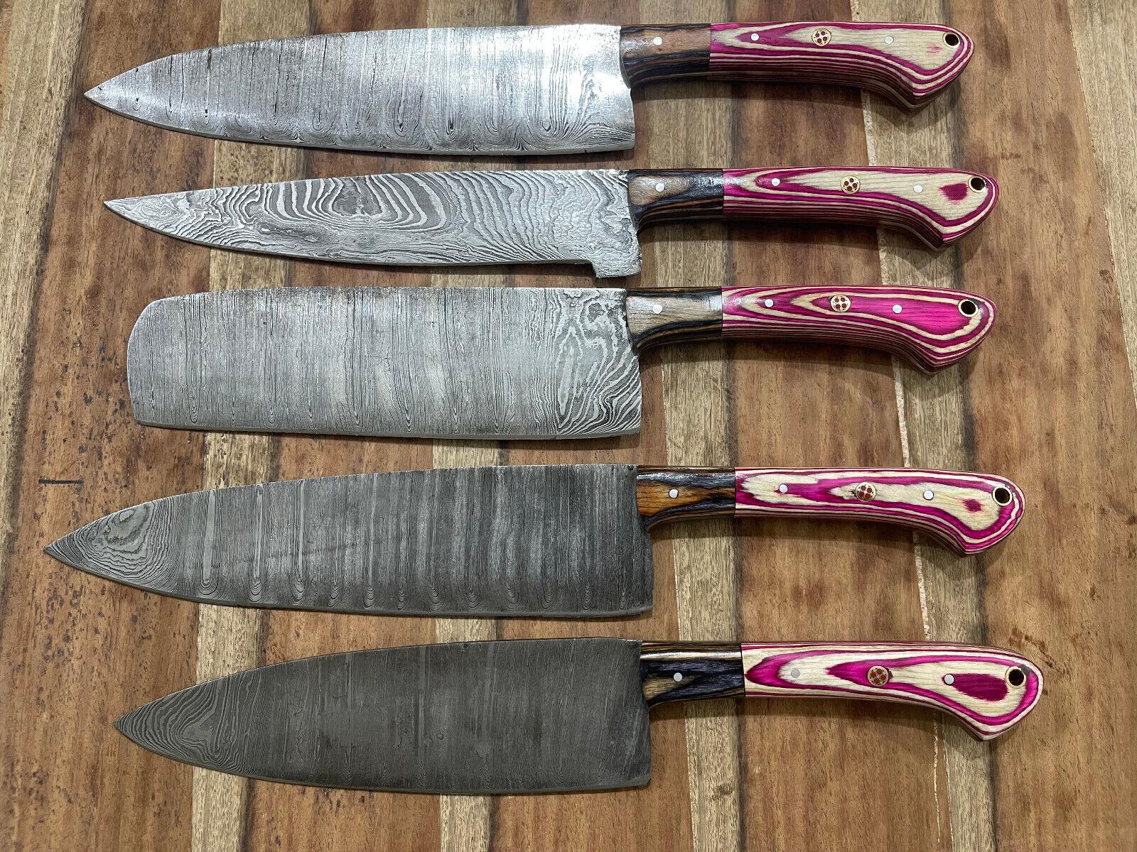 Premium 5PCS Handmade Damascus Steel Chef Set | Full Tang Kitchen Knives
