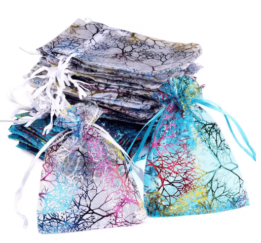 Organza Gift Bags with Drawstring – Colorful Tree Print Jewelry & Party Packaging (100pcs)