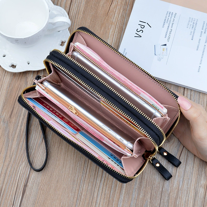 Womens PU Leather Double Zipper Wallet Clutch Large Capacity Wristlet Phone Purse & Card Holder with Money Clip