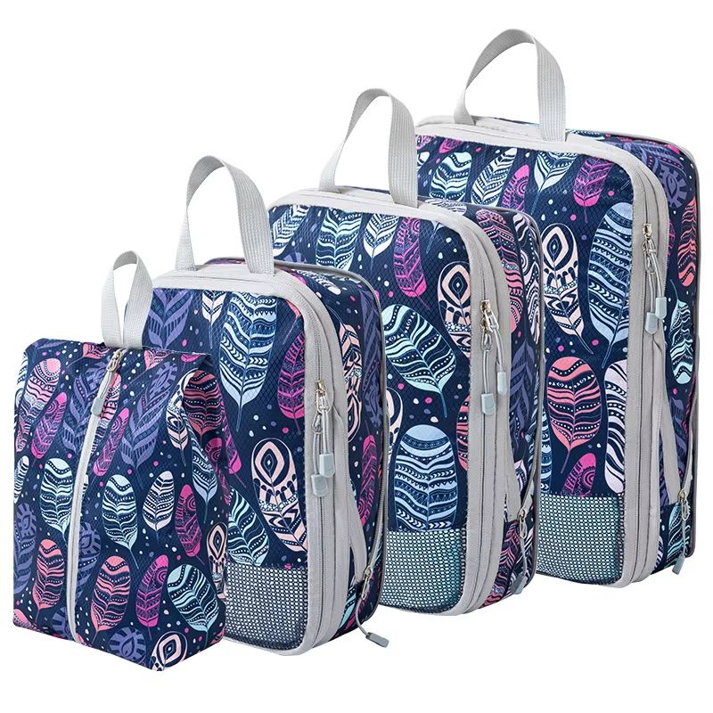 4 Piece Compression Packing Cubes Set Large Capacity Foldable Expandable Travel Storage Bags