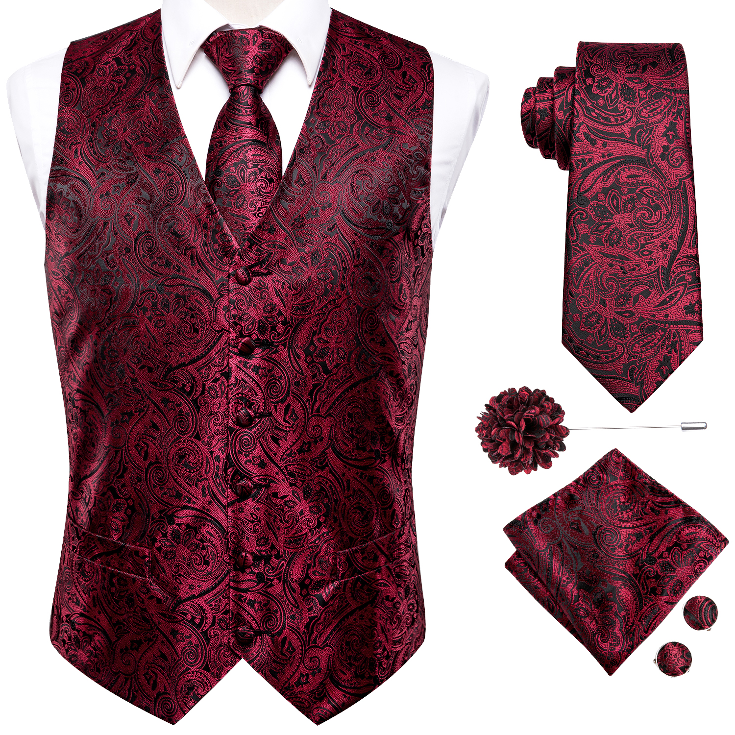 Mens Silk Jacquard Vest Set with Tie and Accessories for Formal Wedding Wear