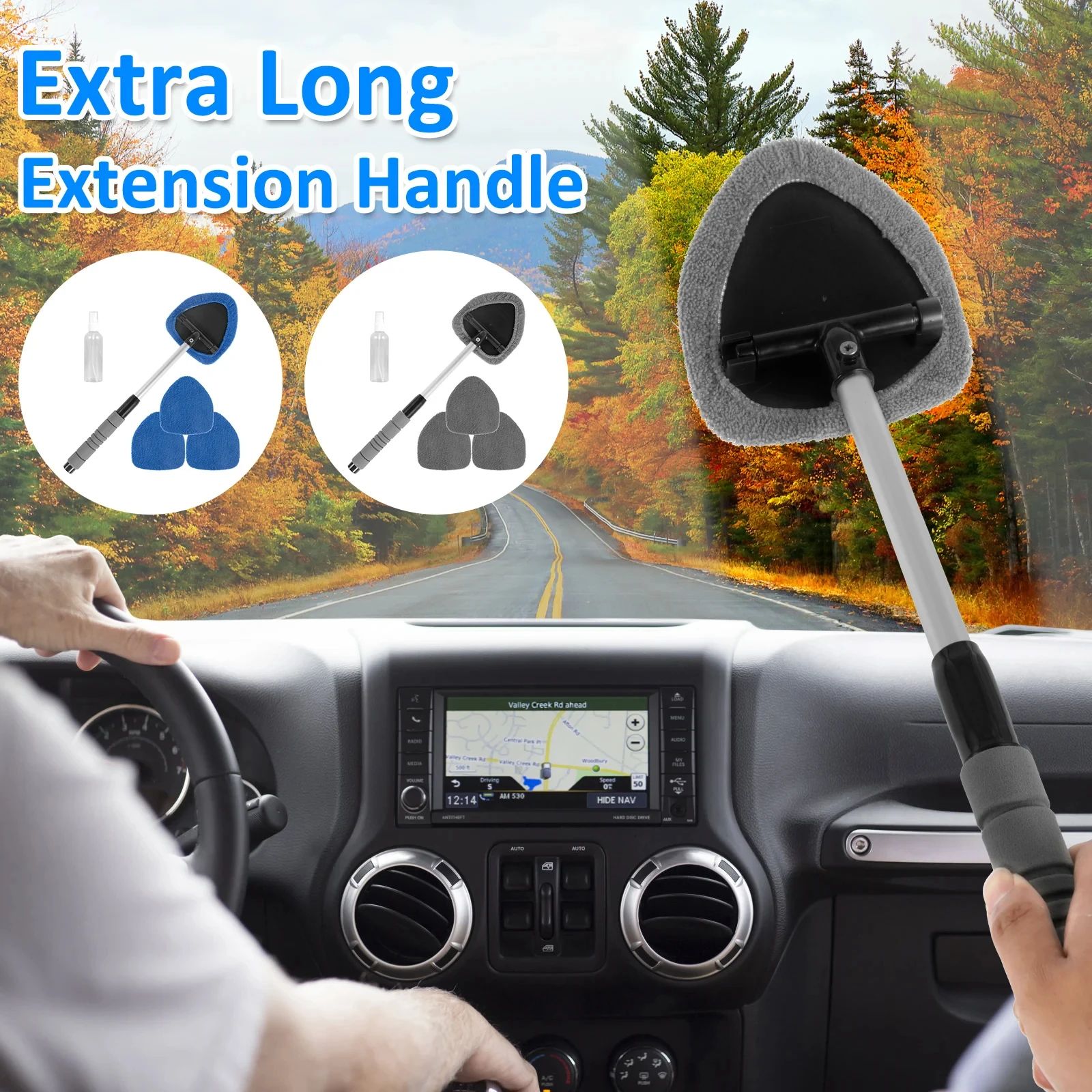 Premium Extendable Car Windshield Cleaner & Microfiber Window Cleaning Tool Kit – Washable Pads for Interior & Exterior