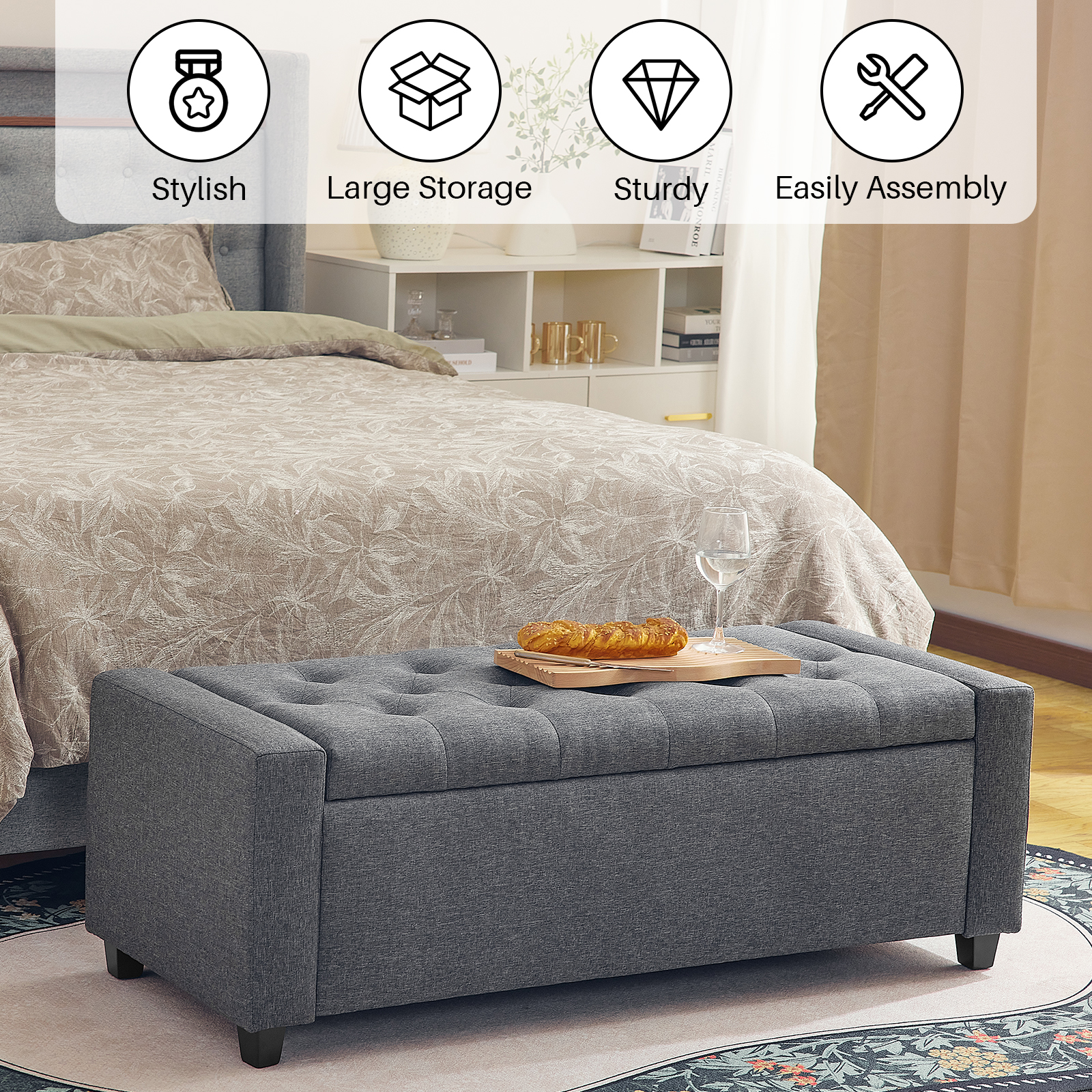 Storage Ottoman, Folding Storage Bench, Foot Rest Stool, Flipping Lid, Safe Hinge for Living Room, Bedroom, Entry way