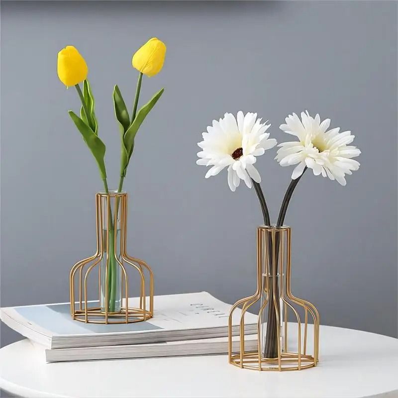 Gold Hollow Iron Vase With Clear Tube Modern Flower Holder For Dried And Artificial Arrangements