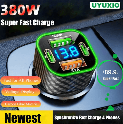 UYUXIO Dual PD Super Fast USB-C Car Charger with Voltage Display – 4-in-1 Power Adapter for iPhone & Android