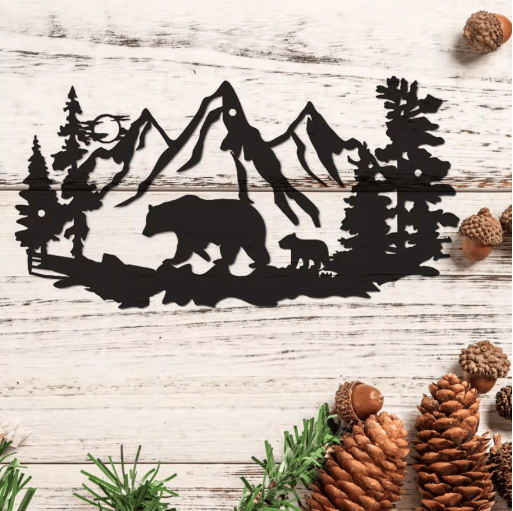 Rustic Bear Metal Wall Decor Wildlife Cabin Lodge Wall Art with Pine Tree Design