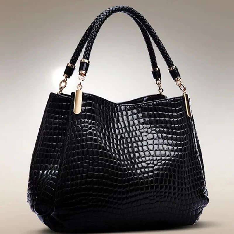 Large Capacity Women's Bag, Crocodile Print Shoulder Tote, Bright Face Handbag for Shopping and Work