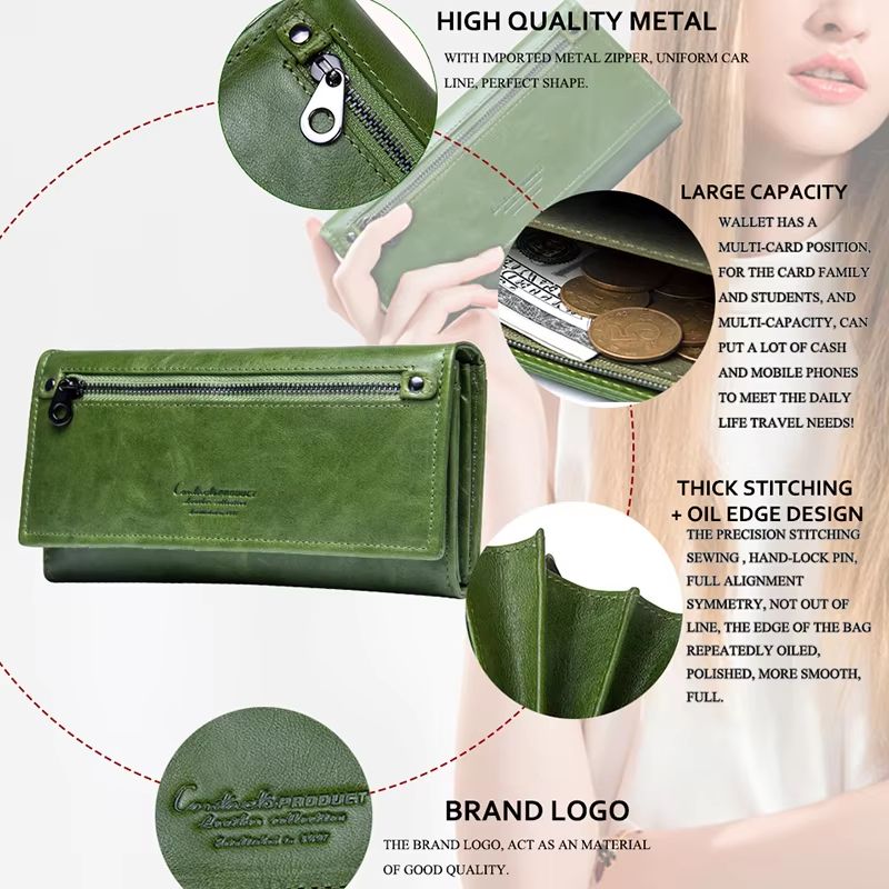 Genuine Leather Long Clutch Wallet for Women with Phone and Photo Holder