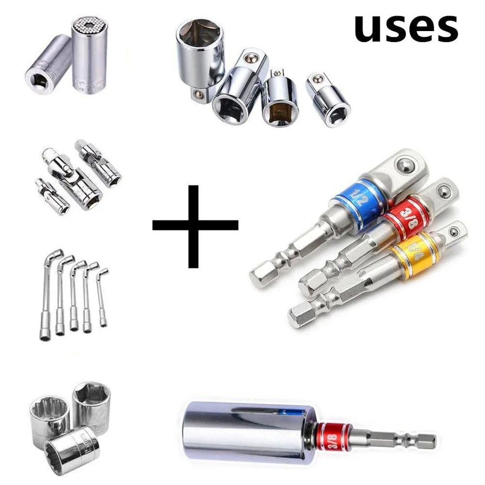 Power Drill Hex to Square Wrench Adapter, Impact Driver Socket Extension Converter Set