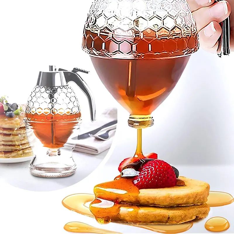 No-Drip Honey Dispenser with Stand – Clear Acrylic Honey Pourer Jar for Syrup & Juice