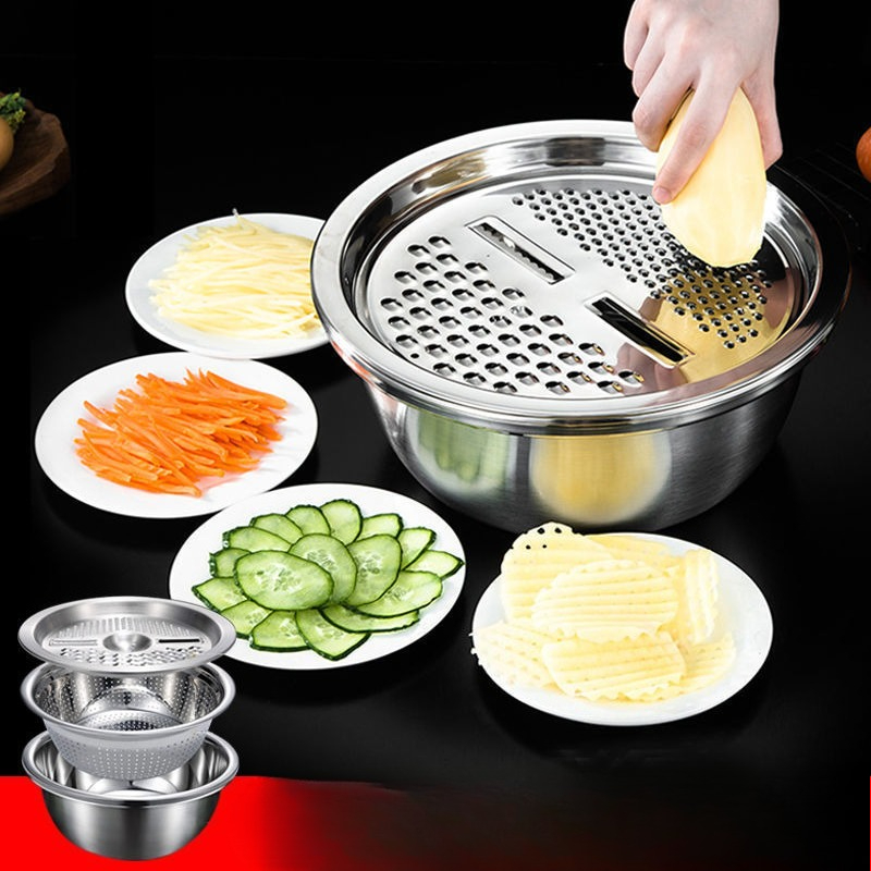 Multifunctional Vegetable Slicer, Stainless Steel Potato Slicer, Vegetable Washing Basin & Drain Basket