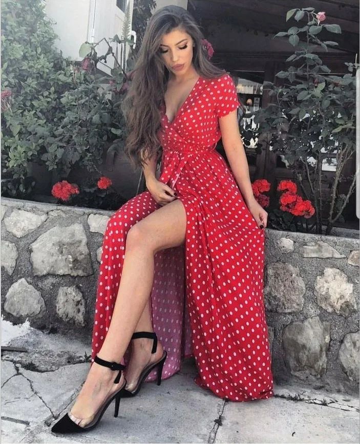 Women White Boho Polka Dot V Neck Summer Maxi Dress