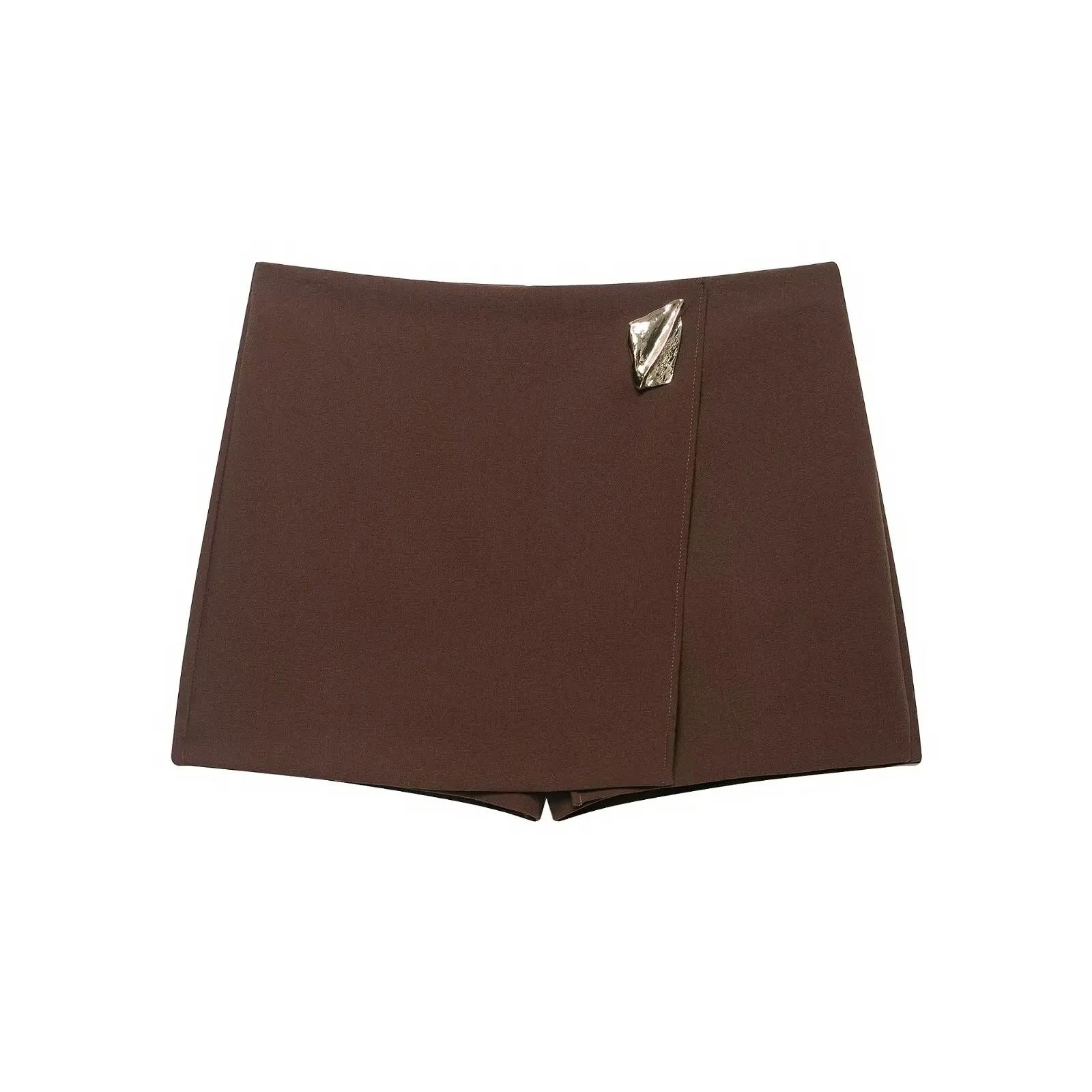 HH 2025 Autumn Asymmetric Culottes | Womens High-Waist A-Line Pantskirt with Metal Applique
