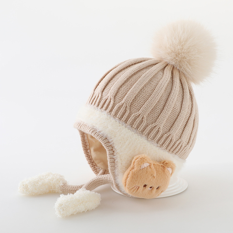 Warm Ear Protection Hat Velvet Lining Kids, Children Woolen Knit Hats, Cute Animal Baby Earmuffs Cap Winter