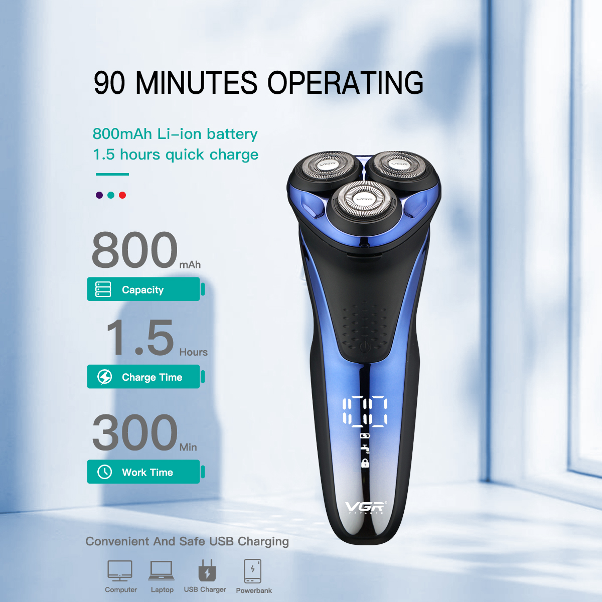 Waterproof Rotary Electric Shaver with Pop Up Trimmer and LED Display