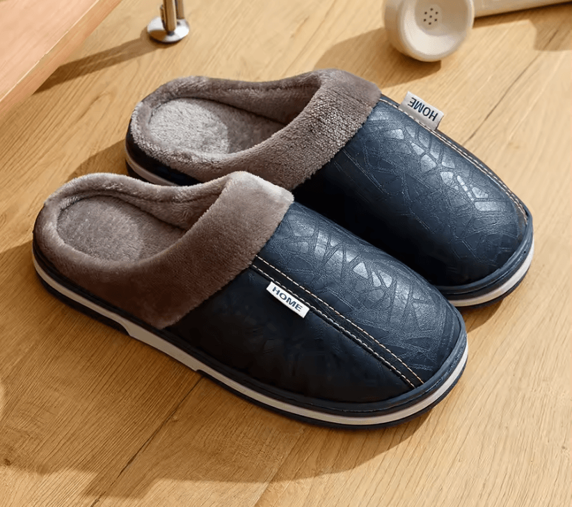 Mens Winter Slippers with PU Leather Waterproof Upper and Warm Fur Lining
