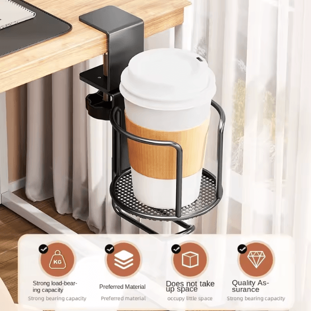 2-in-1 Desk Cup Holder with Headphone Hanger – 360° Rotating Anti-Spill Clamp Mount for Office & Gaming Desks