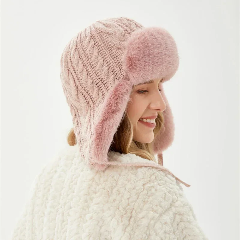 Womens Russian Caps Fur Winter Thickened Warm Knit Ushanka Earflap Pilot Hat Ski Snow Bomber Hat