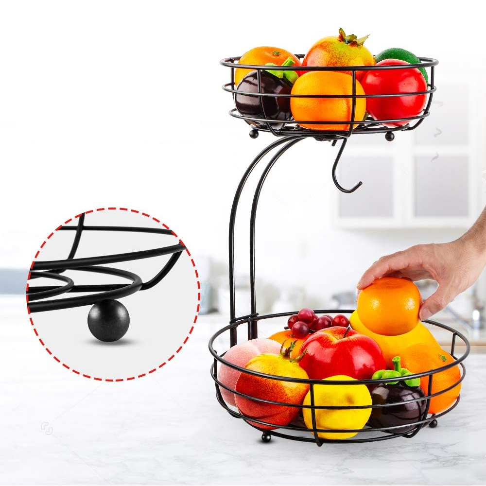 Countertop Fruit Basket Bowl with Metal Wire and Banana Hanger Storage Holder