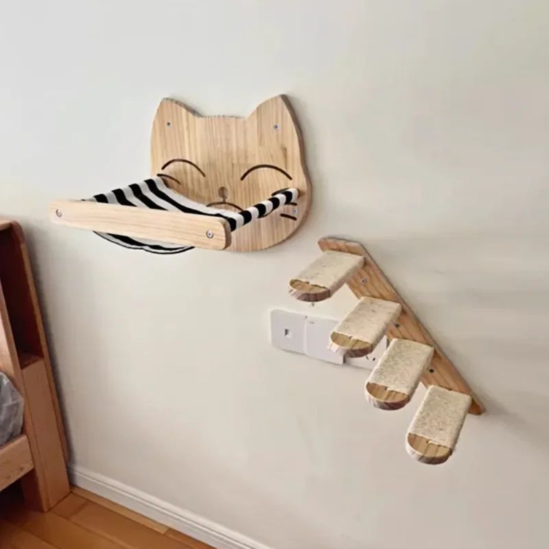 Wall Mounted Wooden Cat Climbing Hammock Set
