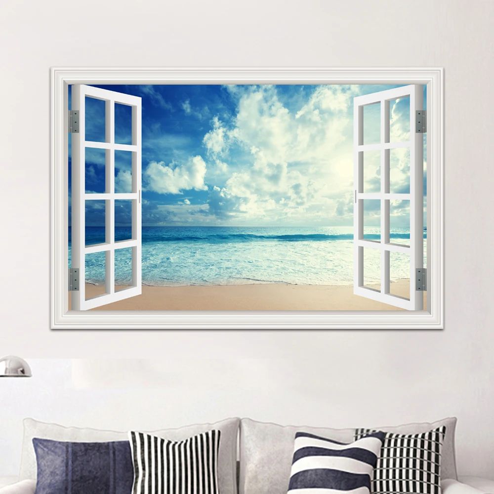 3D Beach Window View Wall Sticker – Ocean Sky Landscape Peel & Stick PVC Wallpaper