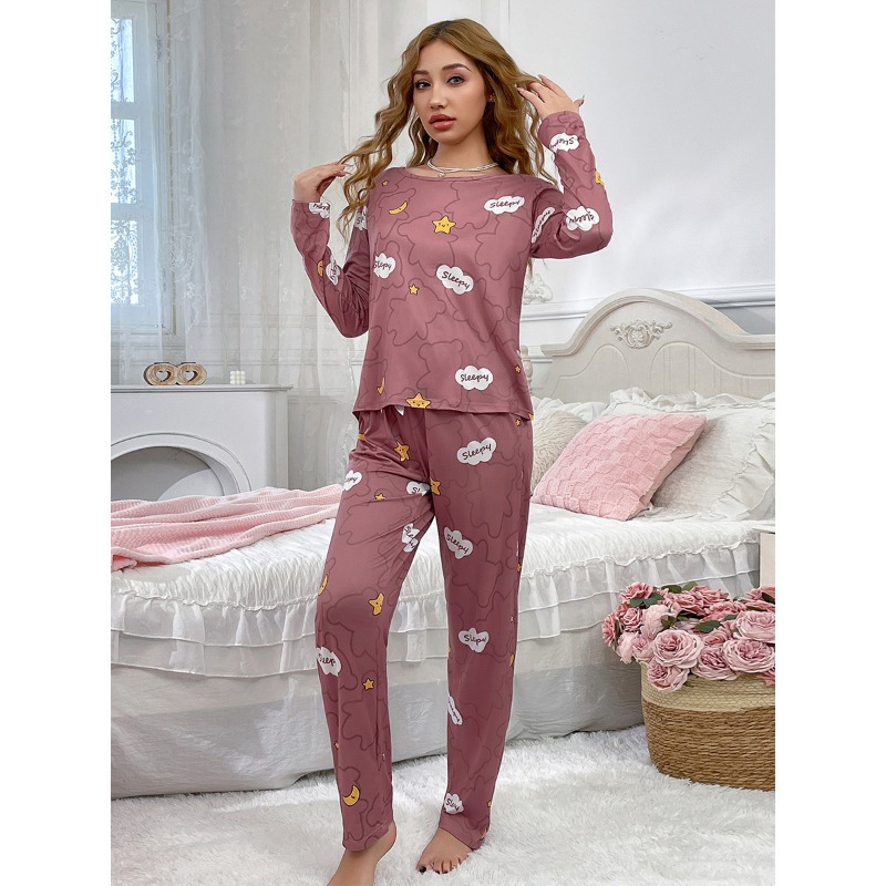 Women Pajamas Set, Long Sleeve Top and Pants Sleepwear 2 Piece, Autumn Casual Loose Elastic Homewear Sweet